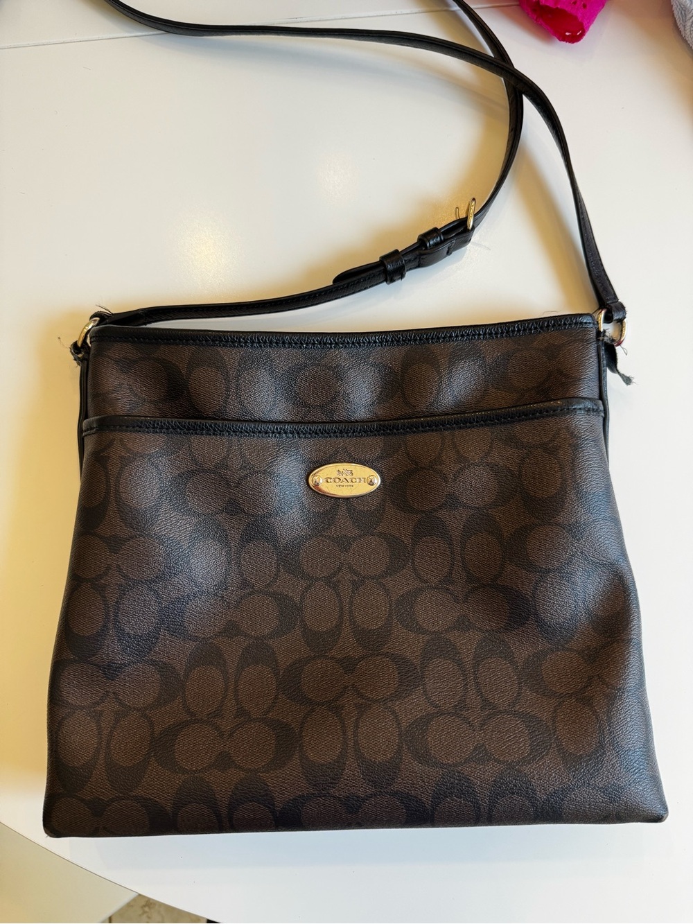 Coach Brown Signature Crossbody Bag with Gold Plaque